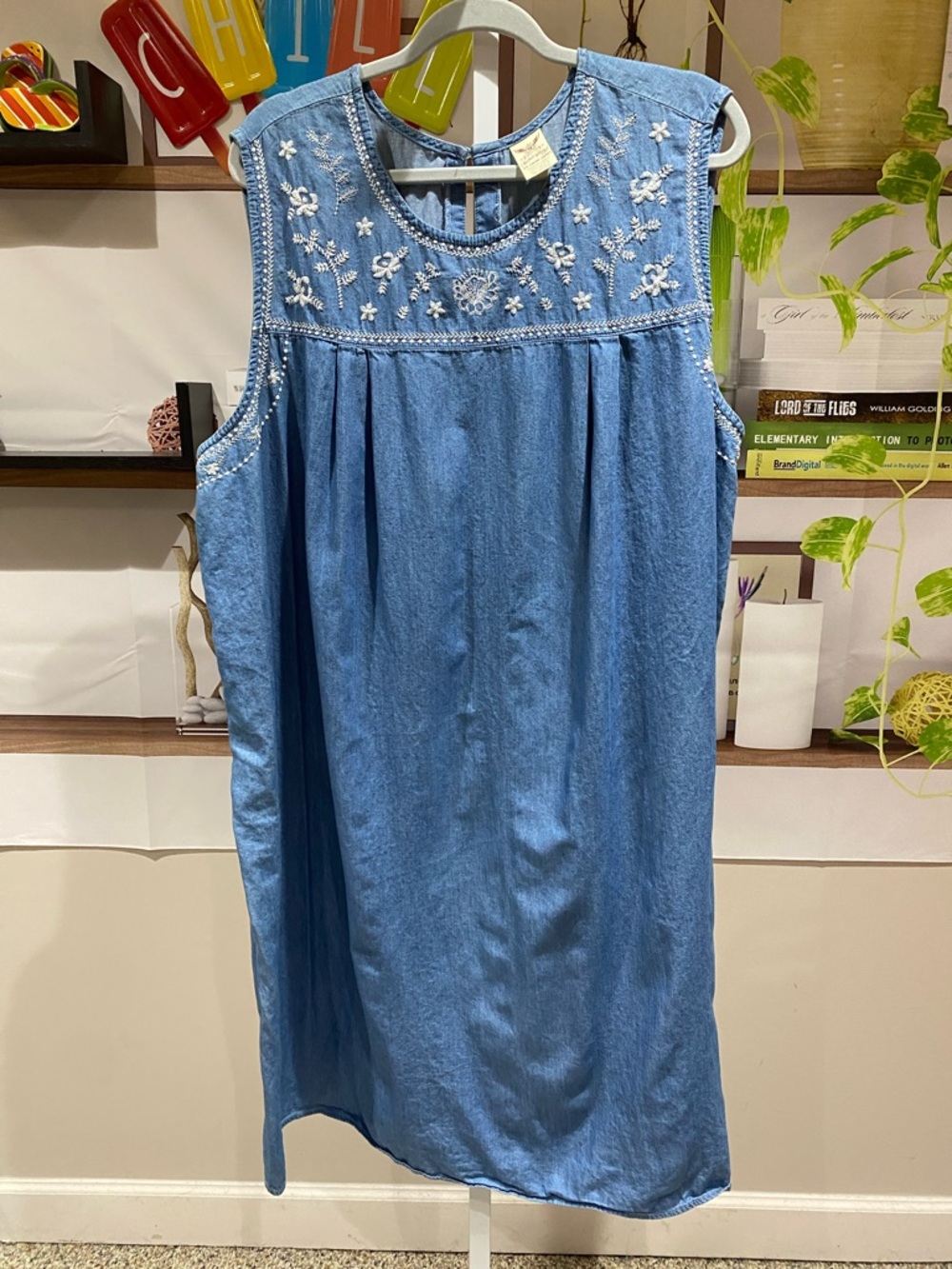 Faded Glory Blue Chambray Embroidered Tank Dress says 4 X but runs small. Ptp 27